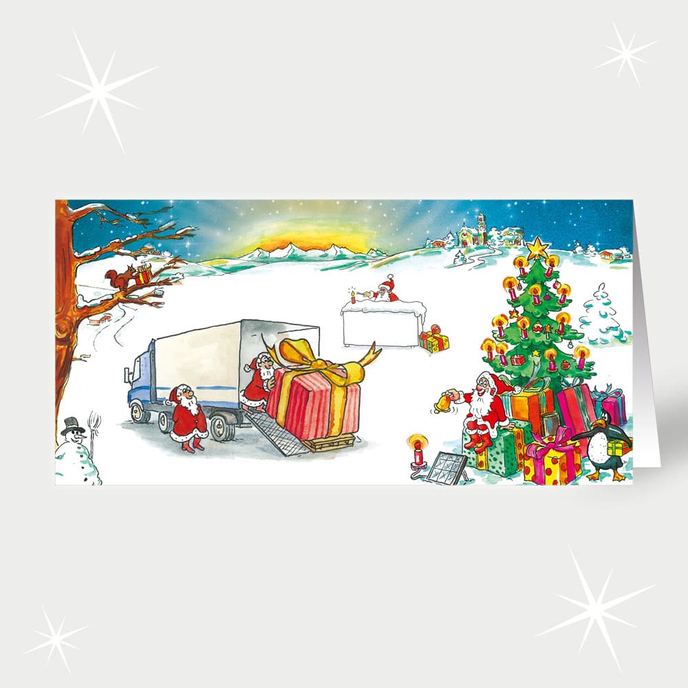 Transport Weihnachtsmänner beladen den Geschenke-LKW