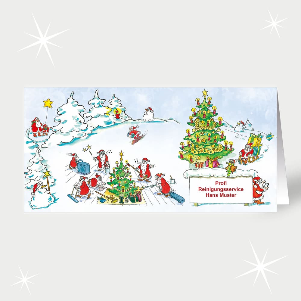 Reinigung Weihnachtsmänner schmücken den großen Tannenbaum