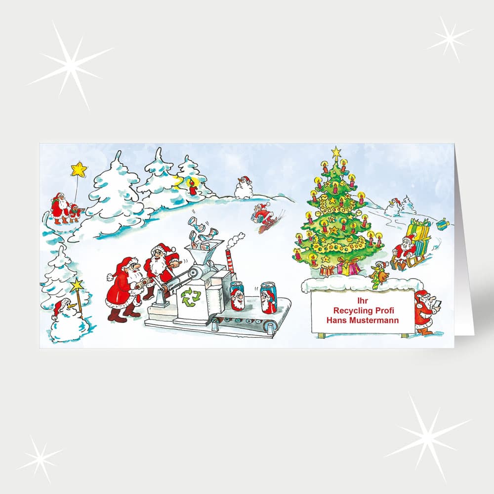 Recycling Weihnachtsmänner an der Dosenpresse