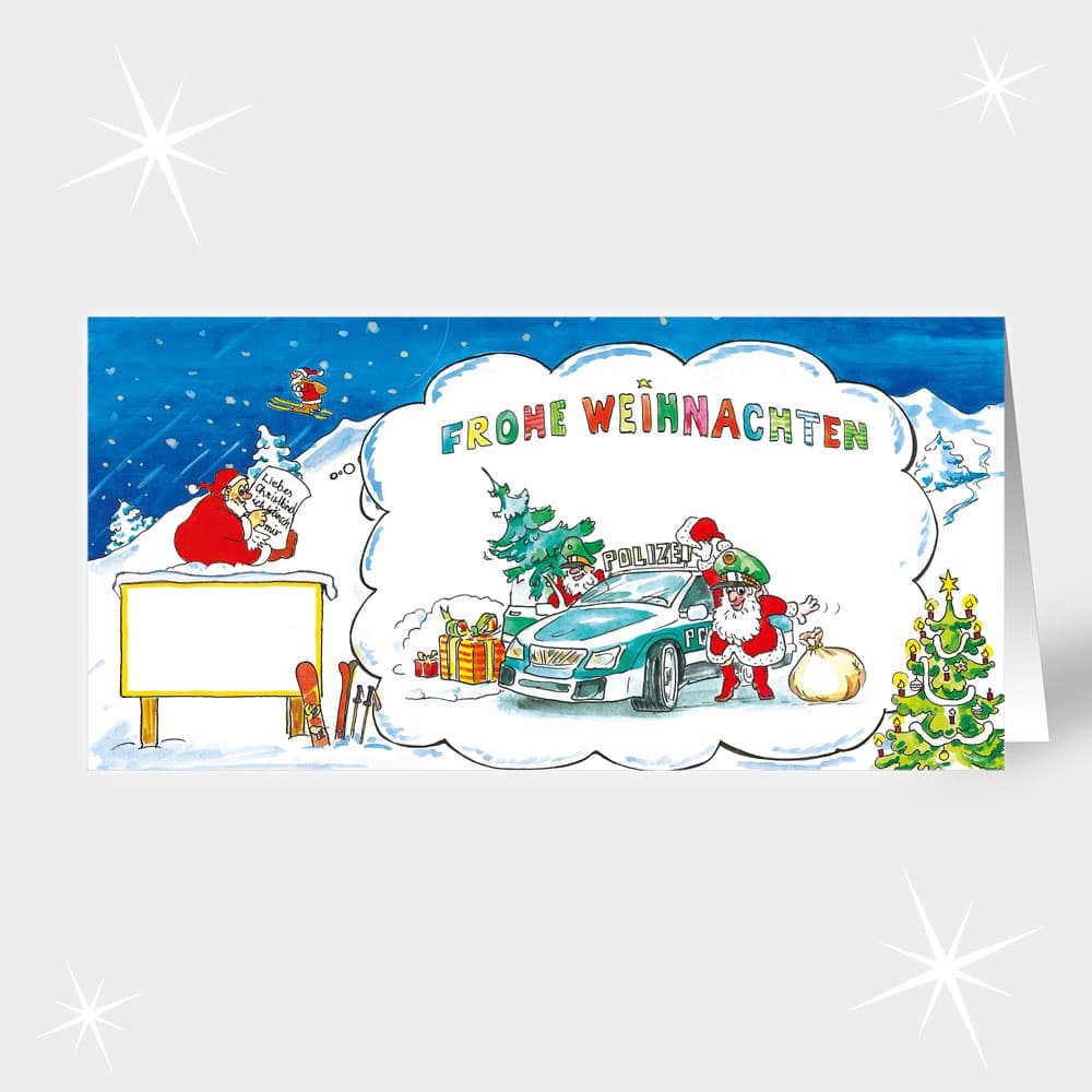 Polizei Nikolaus mit Geschenken und Streifenwagen